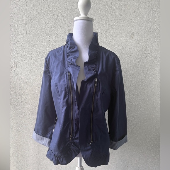 Chico's Jackets & Blazers - Chico’s Ruffled Lightweight Open Front Jacket Size M Zippers Contrast Trim Cuff